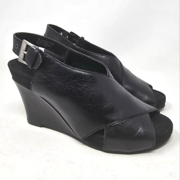 AEROSOLES Shoes - Aerosoles Black Leather Wedges Womens Size 7 Open Toe Shoes Ankle Strap Buckle